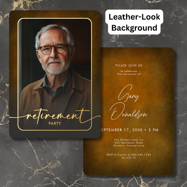 Modern Brown Leather Photo Retirement Party (Modern Brown Leather Photo Retirement Party Foil Invitation)
