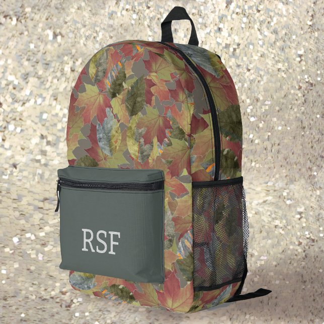Modern Brown Leaves Camo Pattern Monogram Printed Backpack (Creator Uploaded)