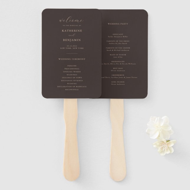 Modern Brown Minimalist Wedding Program Hand Fan (Front and Back)