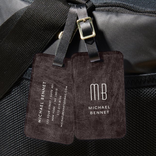 Modern Brown Monogram Luggage Tag (Monogrammed Modern Brown Faux Leather Texture Luggage Tag)