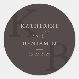 Modern Brown Monogram Minimalist Wedding Classic Round Sticker