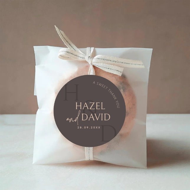 Modern Brown Monogram Minimalist Wedding Classic Round Sticker (Creator Uploaded)