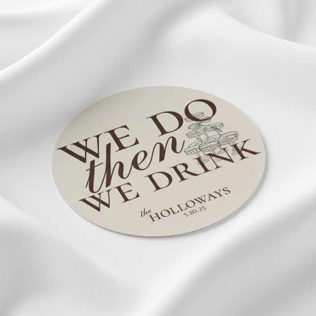 Modern Brown Personalised Cocktail Hour Wedding Round Paper Coaster (These Modern Mousse Brown Wedding Coasters bring a refined, minimalist touch to your reception!)