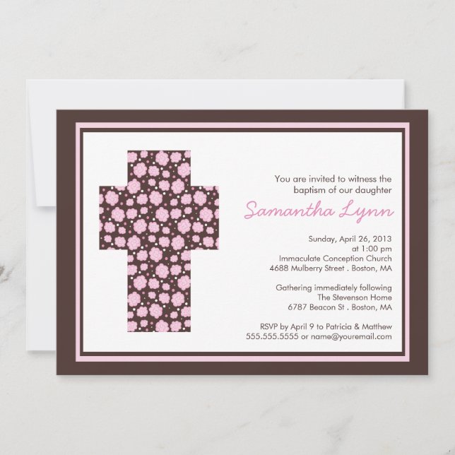 Modern Brown Pink Cross Girls Baptism Invitation (Front)