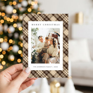 Modern Brown Plaid Family Photo Christmas Holiday Card