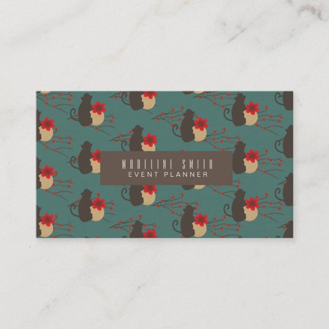 Modern Brown Red Sakura Cherry Blossoms Monkey Business Card (Front)