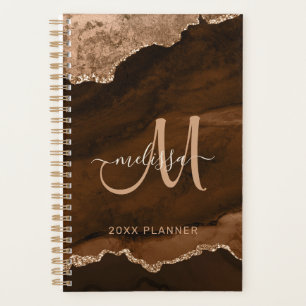 Modern Brown Rose Gold Glitter Agate Monogram 2024 Planner