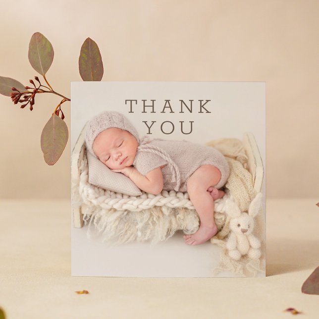 Modern Brown Script Baby Photo Thank You Card (Creator Uploaded)