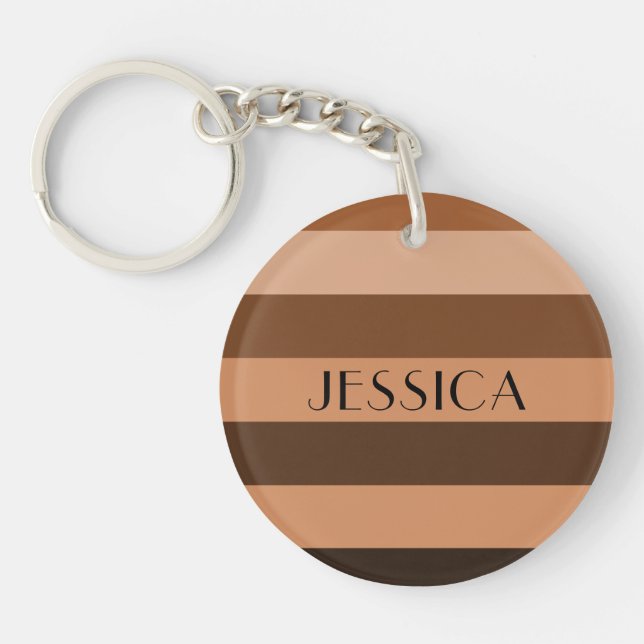 Modern Brown Striped Pattern Name Key Ring (Front)