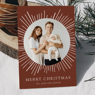 Modern Brown Sunburst Merry Christmas 2 Photo Holiday Card