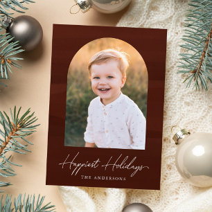 Modern Brown Watercolor Arch Photo Holiday Card
