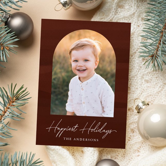 Modern Brown Watercolor Arch Photo Holiday Card (Creator Uploaded)