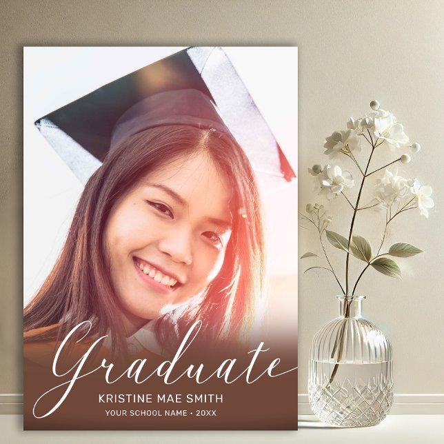 Modern Brown White Calligraphy Photo Graduation Announcement (Brown with White Script Photo Graduation Announcement)