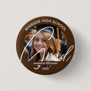 Modern Brown & White Customised Graduate Photo 3 Cm Round Badge