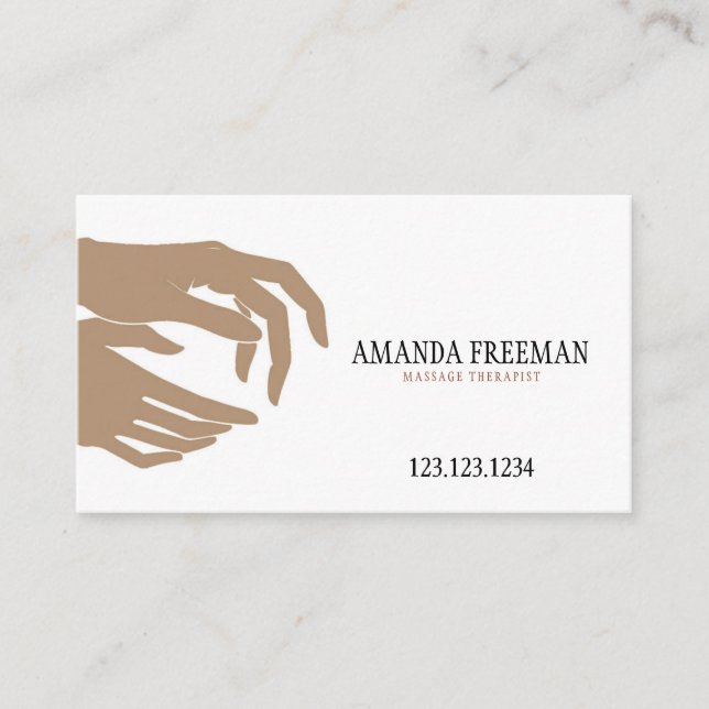 Modern Brown & White Massage Therapist Hands Business Card (Front)