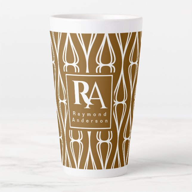 Modern Brown White Pattern Monogram Latte Mug (Front)