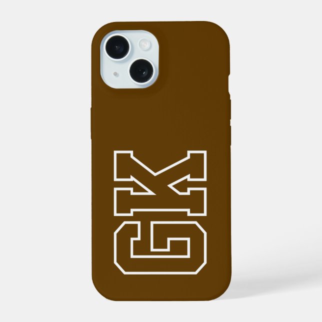 Modern Brown White  Varsity Monogram Initials iPhone 15 Case (Back)