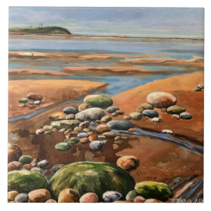Modern  Browns /Greens Seashore Beach Ocean Scene Tile