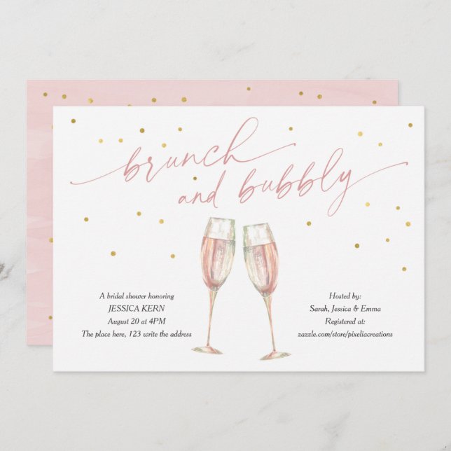 Modern brunch and bubbly, champagne bridal shower  invitation (Front/Back)