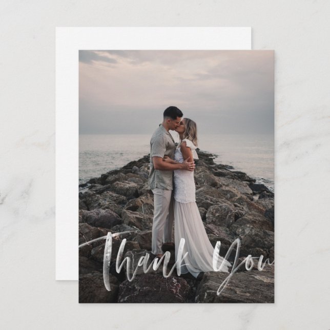 Modern Brush Calligraphy Script Wedding Photo Thank You Card (Front/Back)