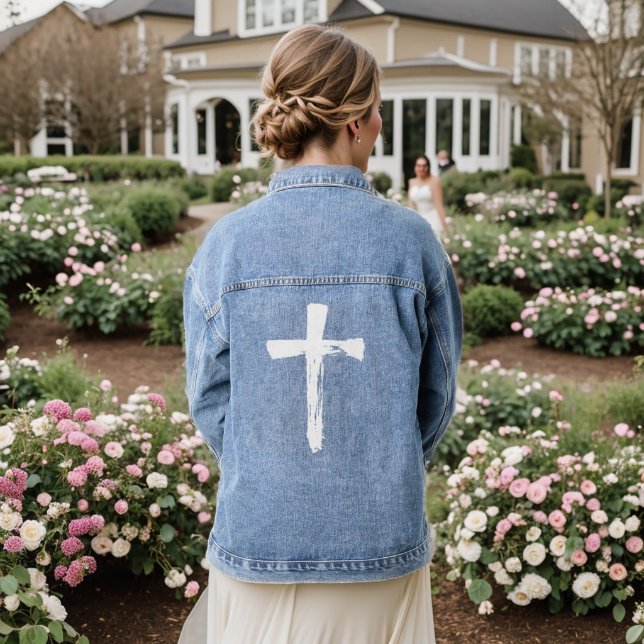 Modern Brush Cross - Christian Christ Jesus God Denim Jacket (Wedding Back)