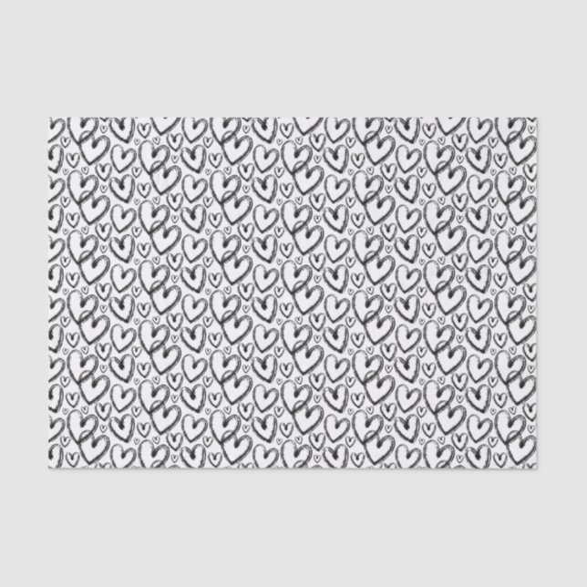 Modern Brush Heart Black White Pattern Tissue Paper (Front)