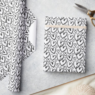 Modern Brush Heart Black White Wrapping Paper