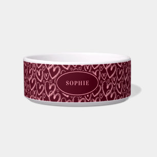 Modern Brush Heart Burgundy Pink Personalized Pet Bowl
