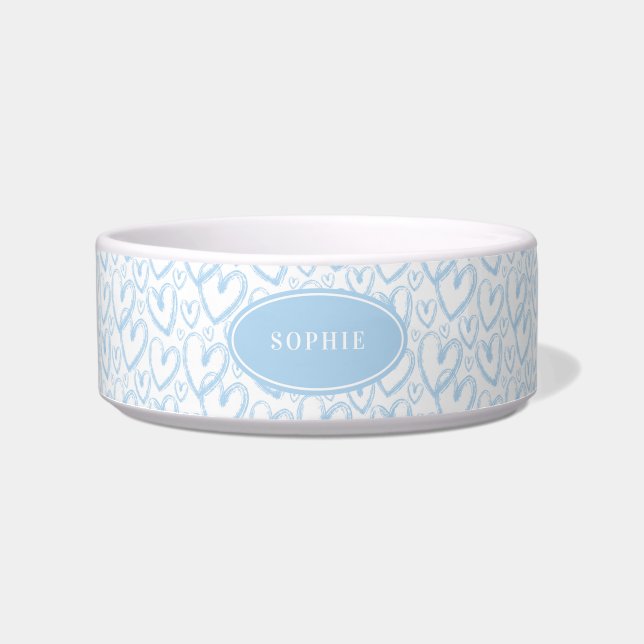 Modern Brush Heart Light Blue Personalised Pet Bowl (Front)