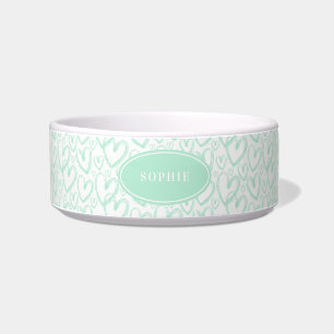 Modern Brush Heart Mint Green Personalised Pet Bowl