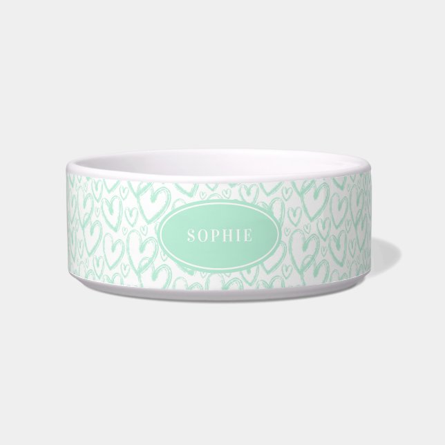 Modern Brush Heart Mint Green Personalised Pet Bowl (Front)