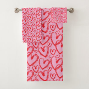 Modern Brush Heart Pink Red Pattern Bath Towel Set