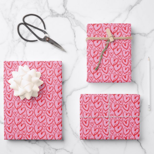 Modern Brush Heart Pink Red Pattern Wrapping Paper Sheet (Front)