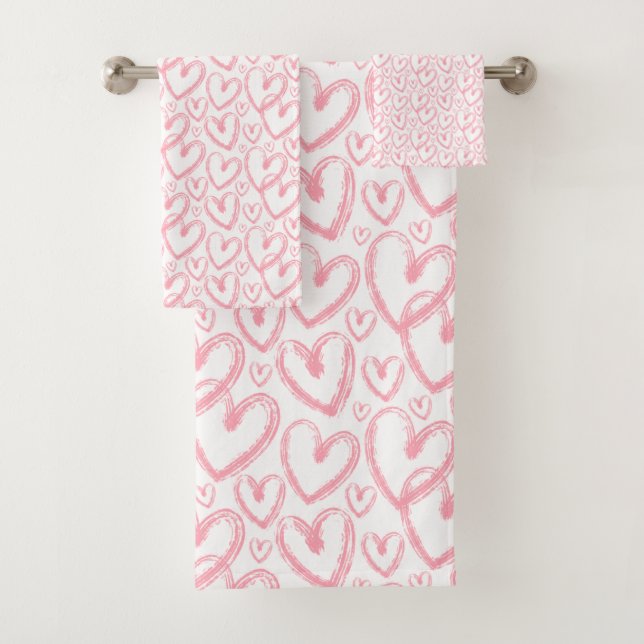 Modern Brush Heart Pink White Pattern Bath Towel Set (Insitu)