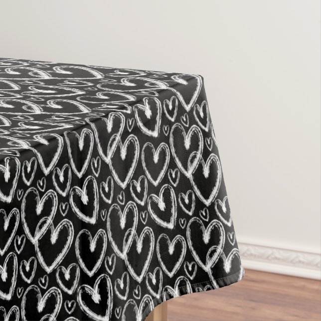 Modern Brush Heart White Black Pattern Tablecloth (In Situ)