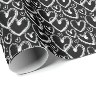 Modern Brush Heart White Black Pattern Wrapping Paper