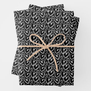 Modern Brush Heart White Black Pattern Wrapping Paper Sheet