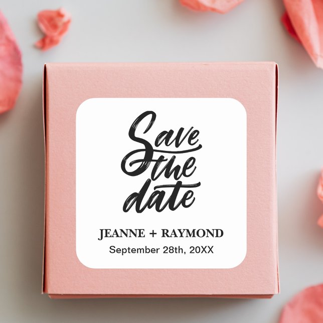 Modern Brush Lettered Custom Wedding Save the Date Square Sticker (Creator Uploaded)