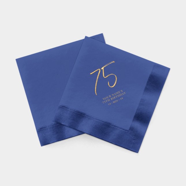 Modern Brush Lettering 75th Birthday Party Foil Napkins (Back)