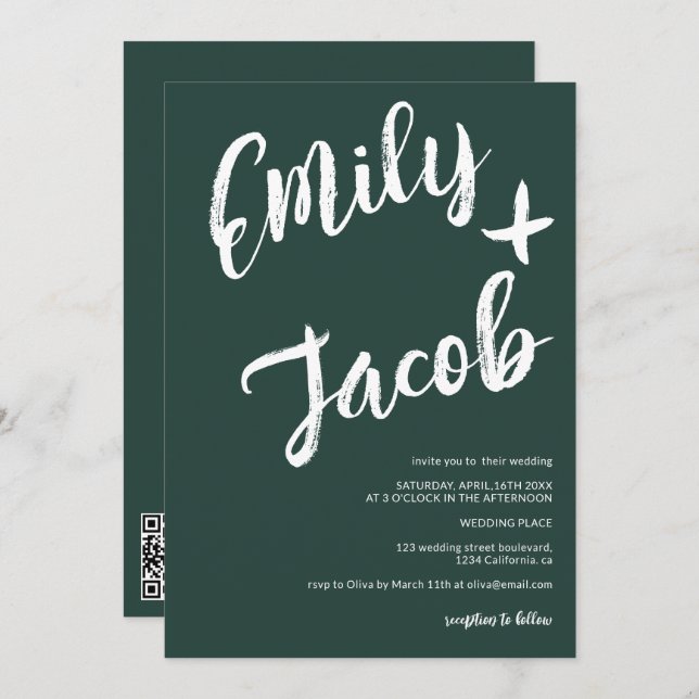 Modern brush names green qr code wedding invitation (Front/Back)