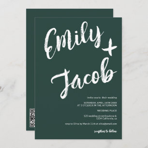 Modern brush names green qr code wedding invitation
