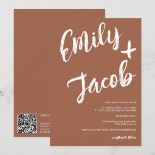 Modern brush names terracotta qr code wedding invitation