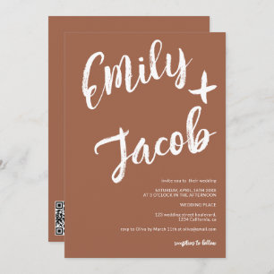 Modern brush names terracotta qr code wedding invitation