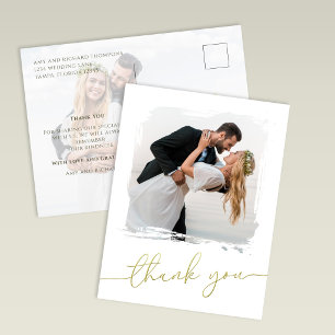 Modern Brush Photo Gold Script Wedding Thank You Postcard