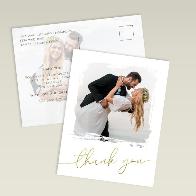 Modern Brush Photo Gold Script Wedding Thank You Postcard (Modern wedding thank you card with brush photo overlay and gold script design)