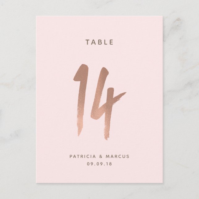 Modern Brush Rose Gold Wedding Table number 14 Postcard (Front)
