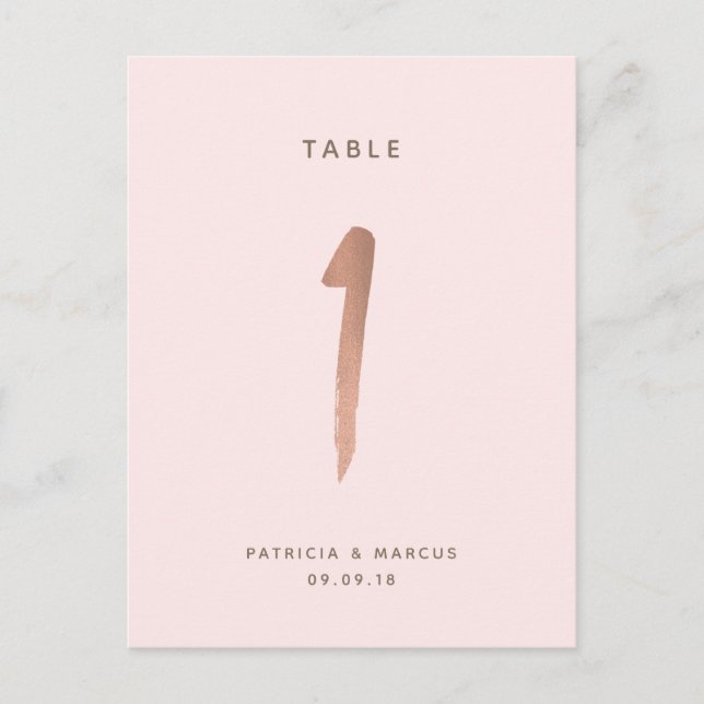 Modern Brush Rose Gold Wedding Table number 1 Postcard (Front)