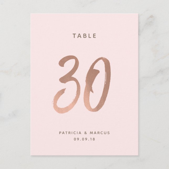 Modern Brush Rose Gold Wedding Table number 30 Postcard (Front)