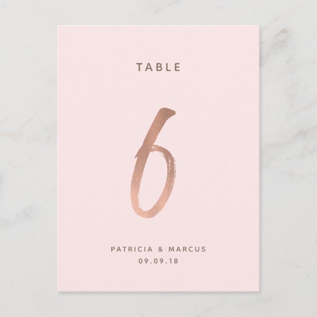 Modern Brush Rose Gold Wedding Table number 6 Postcard (Front)