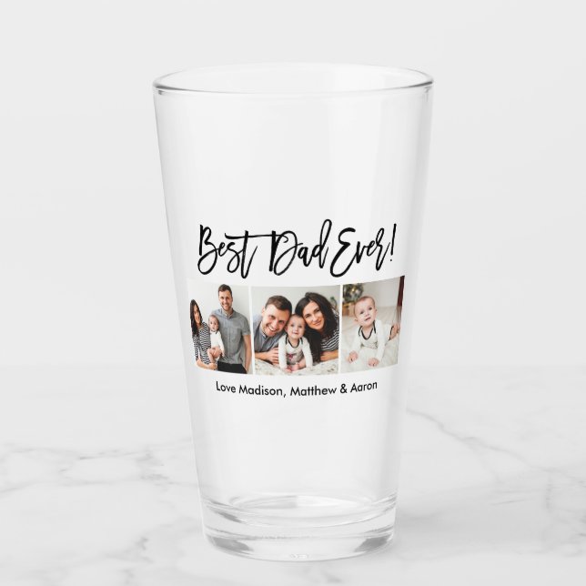 Modern Brush Script 3 Photo Best Dad Ever Glass (Front)
